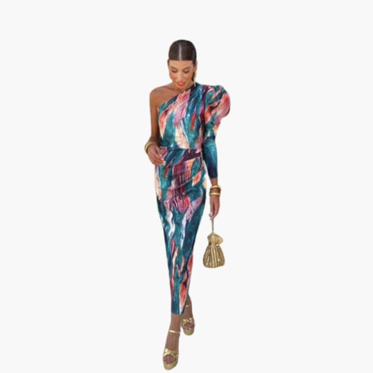 Women's Midi Dress with One Shoulder and Puff Sleeve
