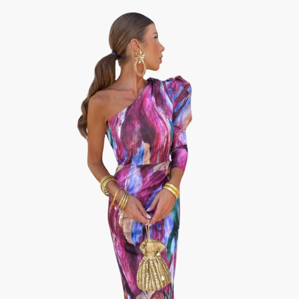 Women's Midi Dress with One Shoulder and Puff Sleeve