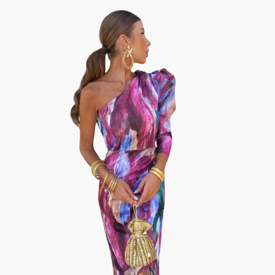 Women's Midi Dress with One Shoulder and Puff Sleeve