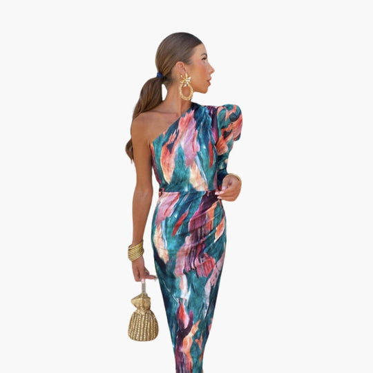 Women's Midi Dress with One Shoulder and Puff Sleeve