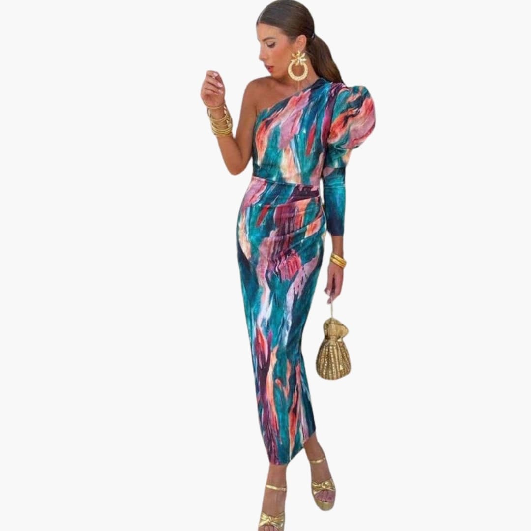 Women's Midi Dress with One Shoulder and Puff Sleeve