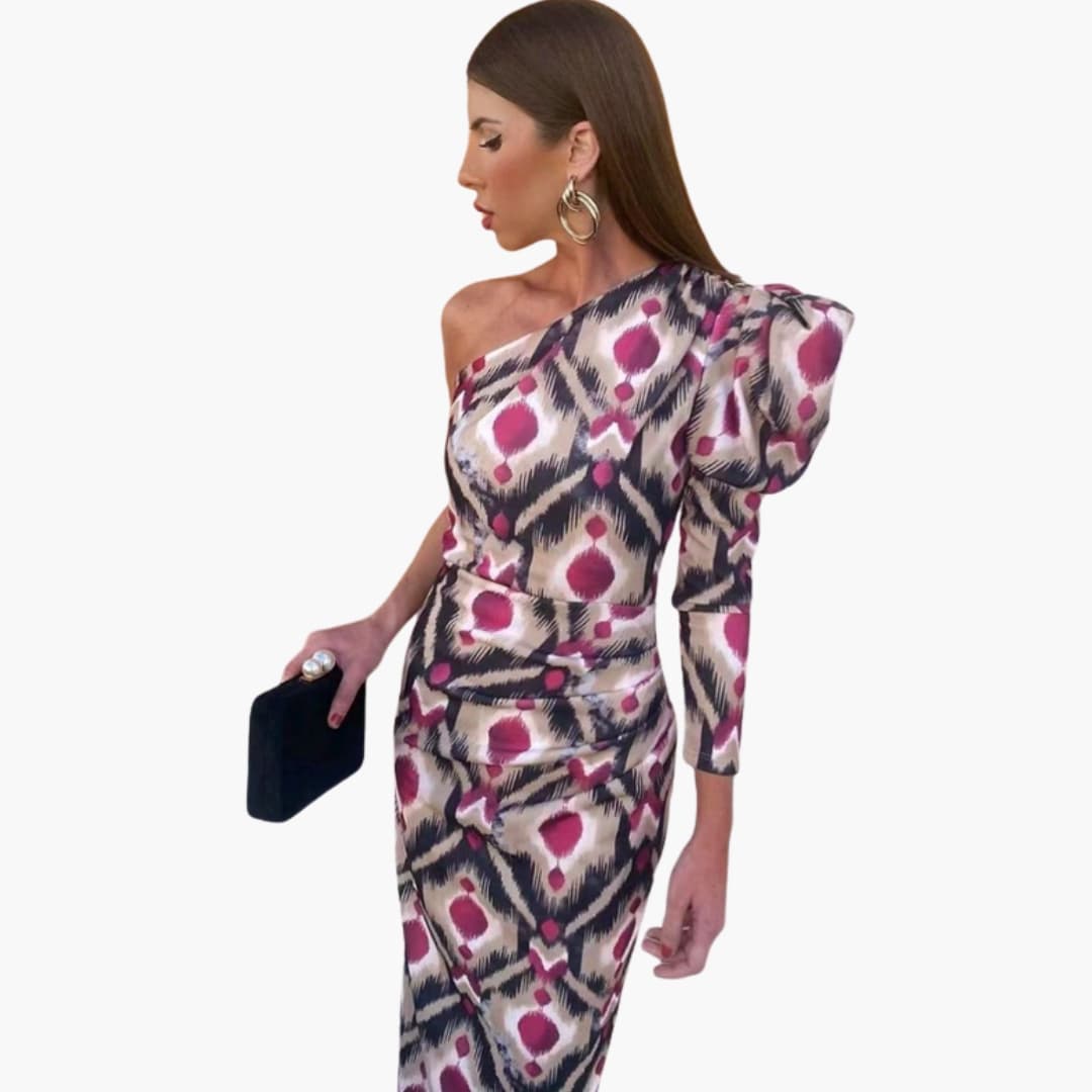 Women's Midi Dress with One Shoulder and Puff Sleeve