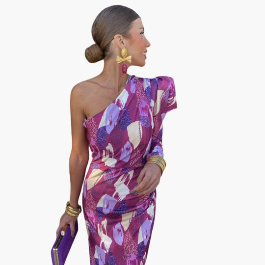 Women's Midi Dress with One Shoulder and Puff Sleeve
