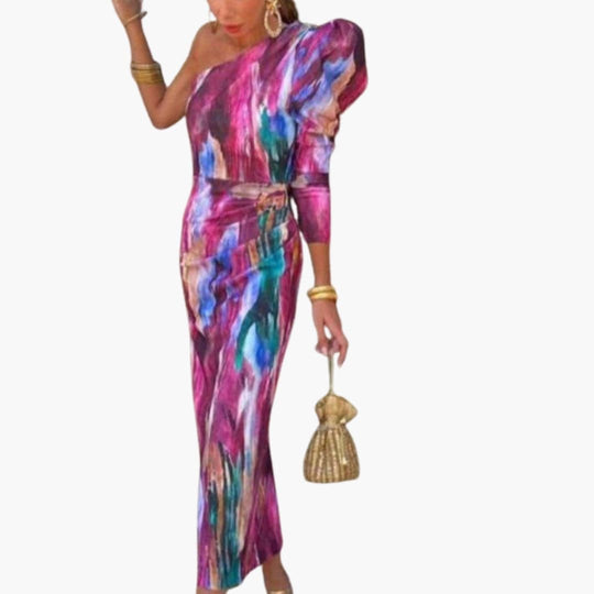 Women's Midi Dress with One Shoulder and Puff Sleeve