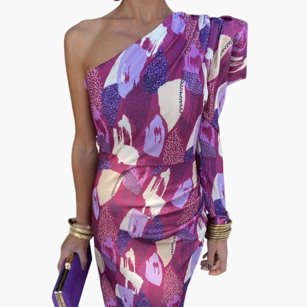 Women's Midi Dress with One Shoulder and Puff Sleeve