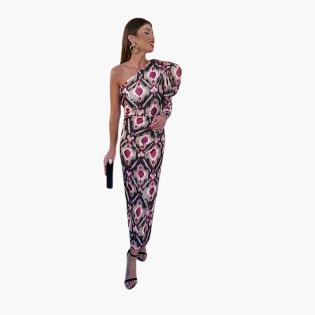 Women's Midi Dress with One Shoulder and Puff Sleeve