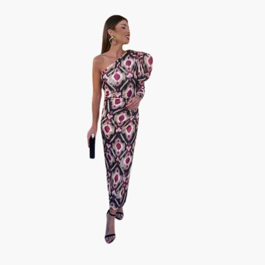 Women's Midi Dress with One Shoulder and Puff Sleeve