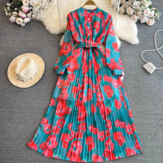 Women's Pleated Dress with Button-Front for All-Season Wear