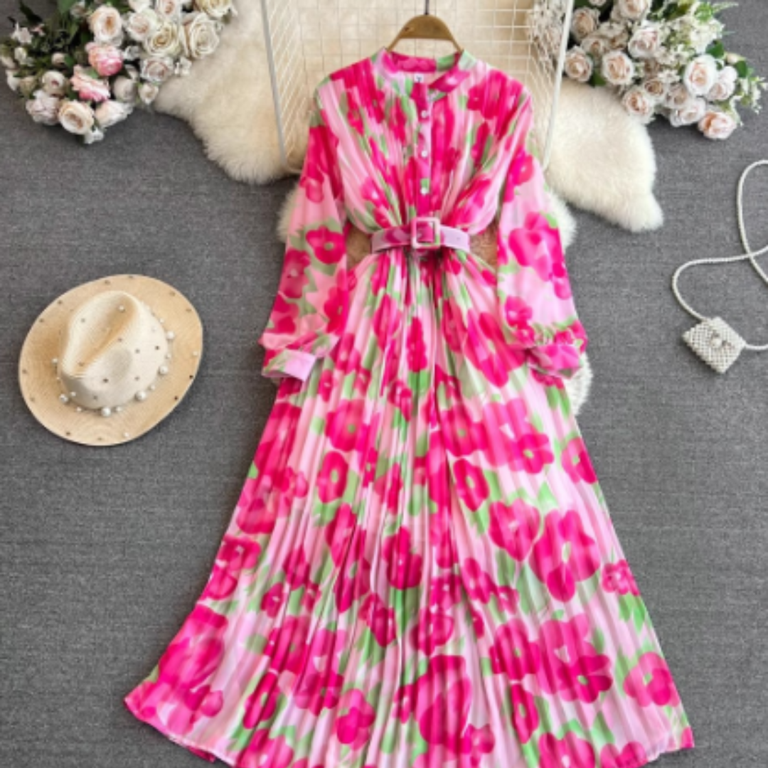 Women's Pleated Dress with Button-Front for All-Season Wear