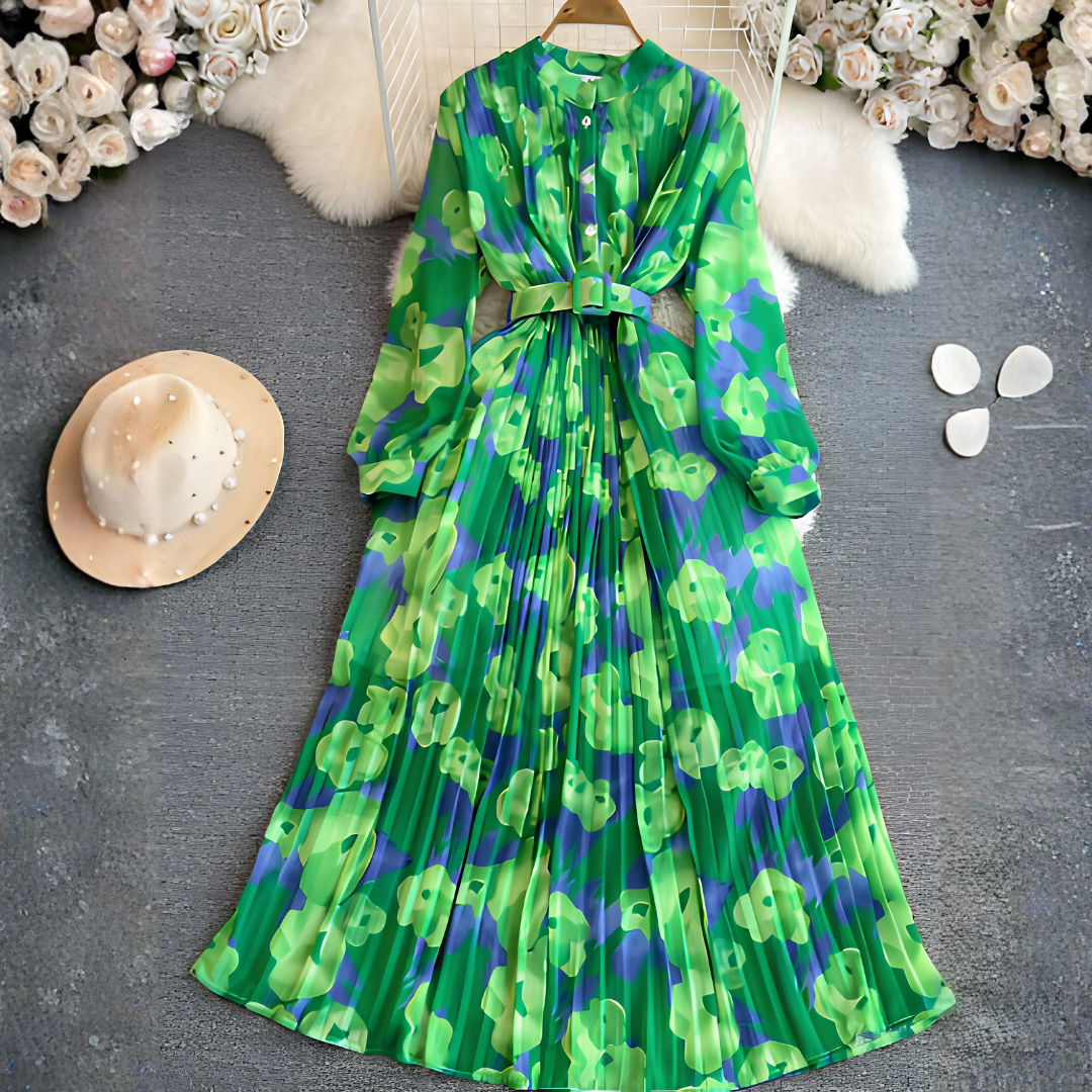 Women's Pleated Dress with Button-Front for All-Season Wear