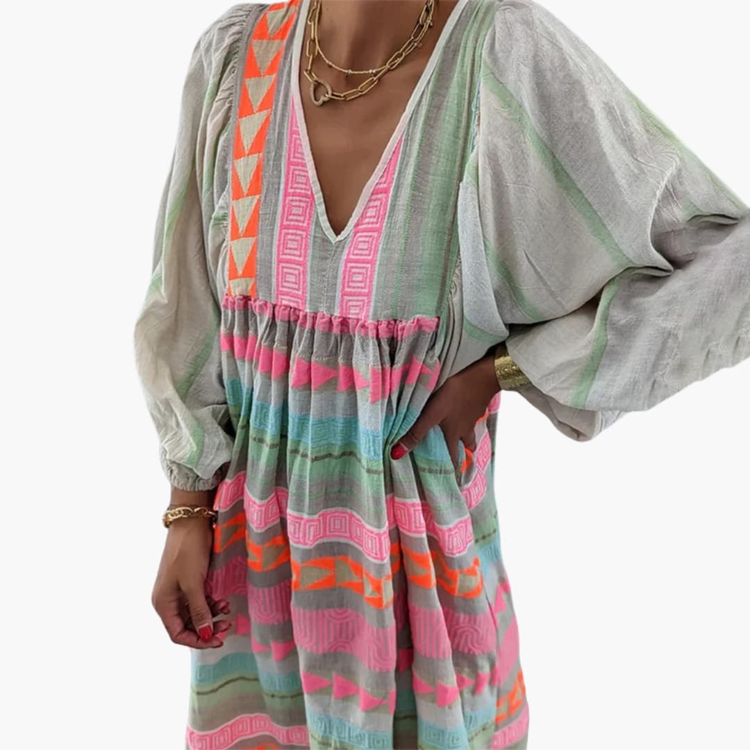 Women’s Sundress with V-Neck and Puff Sleeves