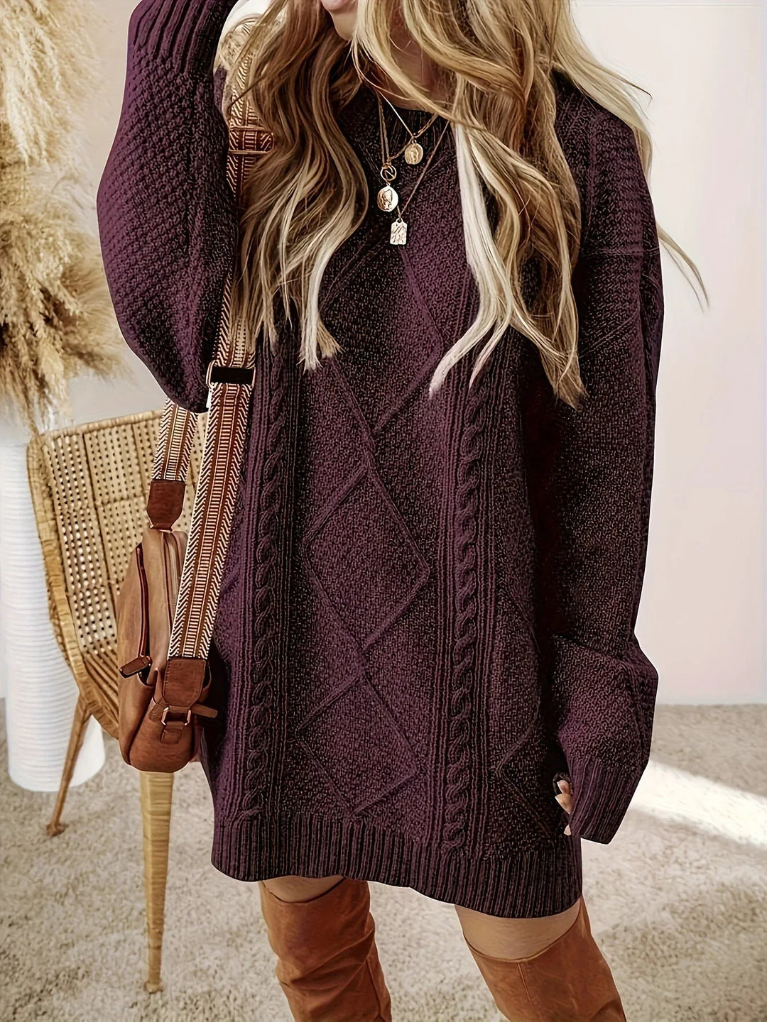 Women's Cable Knit Oversized Jumper Dress with Ribbed Cuffs