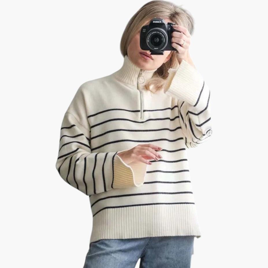 Women's Striped Jumper with Crew Neck and Long Sleeves