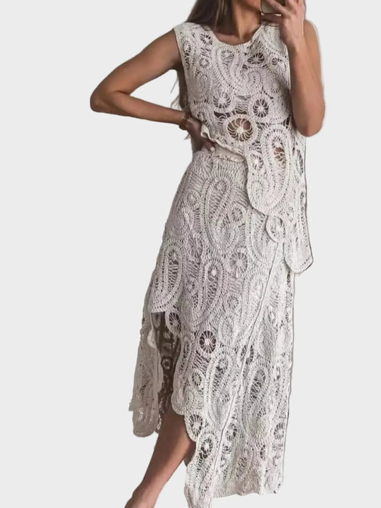 Women's Crochet Sleeveless Tank and Skirt Set with Openwork Design and Asymmetrical Hem