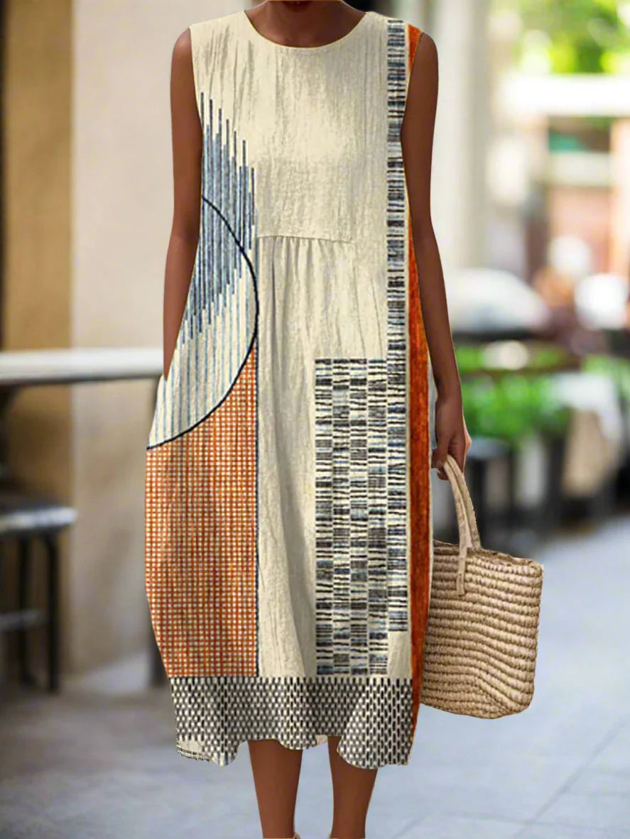 Women's Midi Dress with Geometric Design and Relaxed Fit