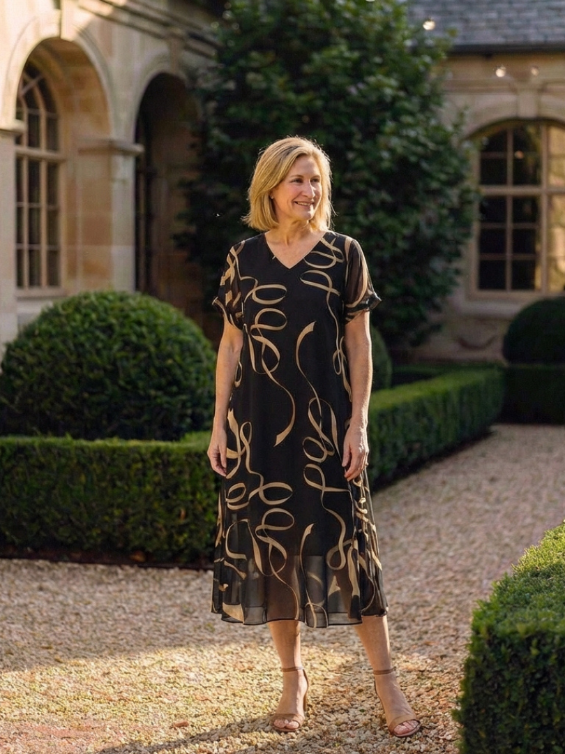 Marisa | V Neck Short Sleeve Midi Dress Abstract Print