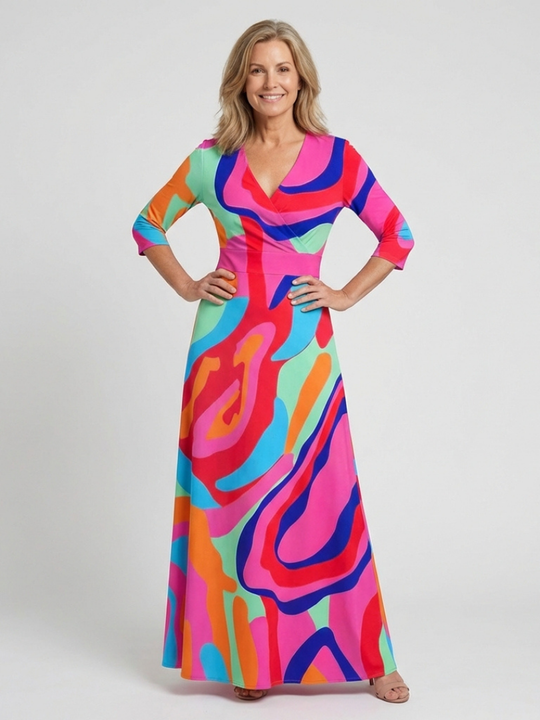 Naomi | Three Quarter Sleeve V Neck Abstract Maxi Dress