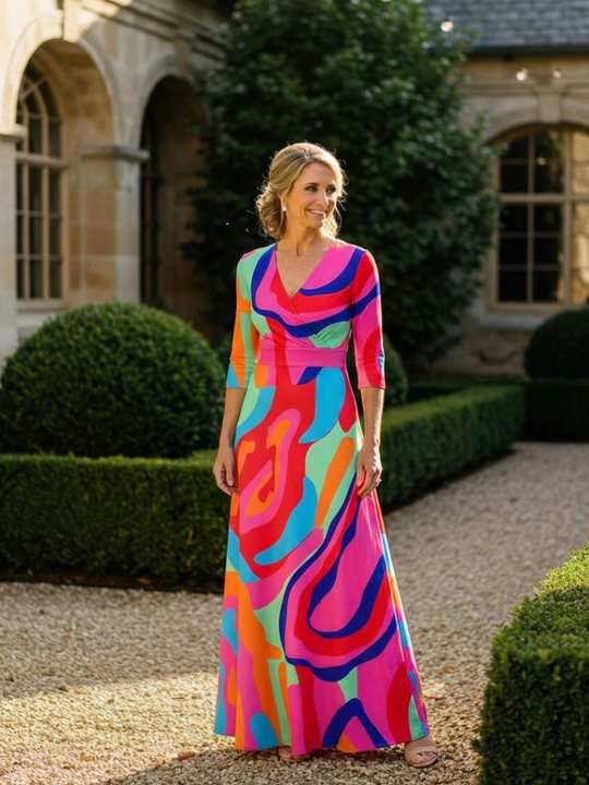 Naomi | Three Quarter Sleeve V Neck Abstract Maxi Dress