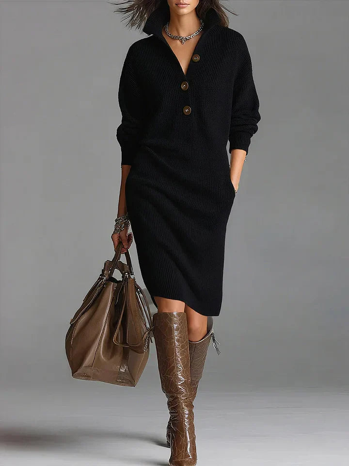 Women's Sweater Dress with Ribbed Knit and Button-Down Collar