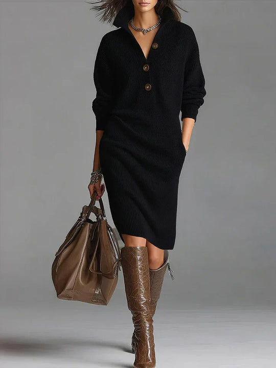 Women's Sweater Dress with Ribbed Knit and Button-Down Collar