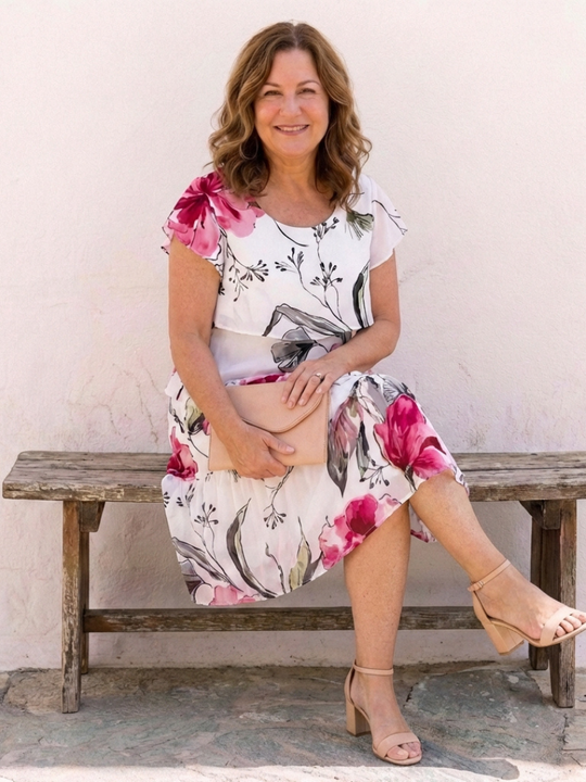 Eleanor | Short Sleeve Floral Layered Knee Length Dress