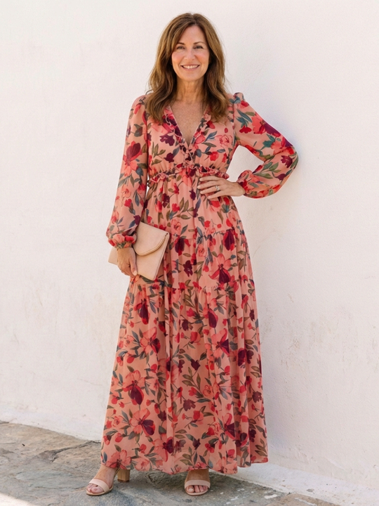Elena | Long Sleeve V Neck Floral Maxi Dress