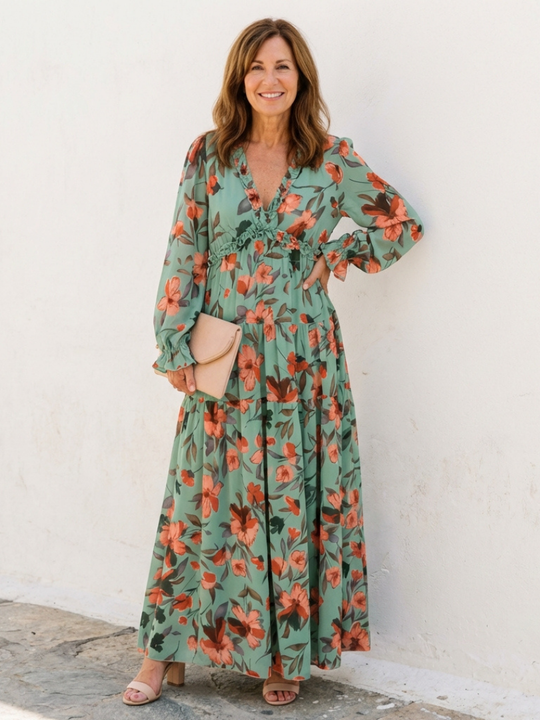 Elena | Long Sleeve V Neck Floral Maxi Dress