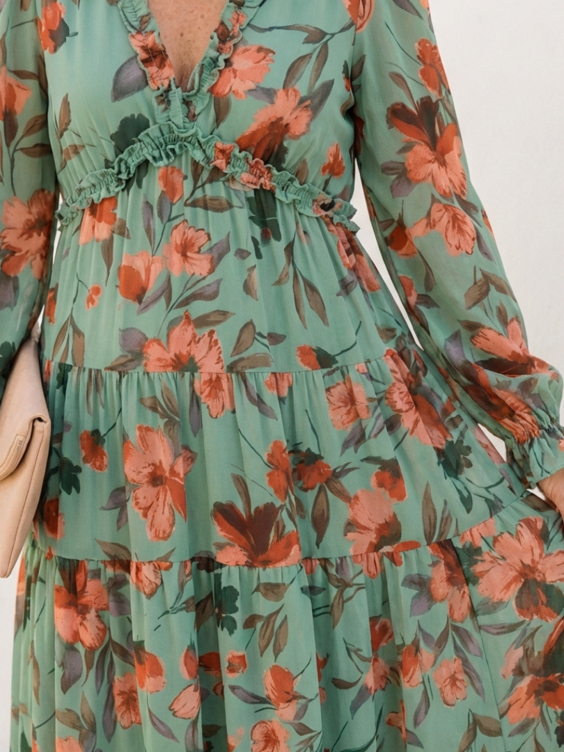 Elena | Long Sleeve V Neck Floral Maxi Dress