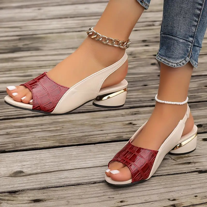 Women's Leather Comfort Sandals with Block Heel and Textured Design
