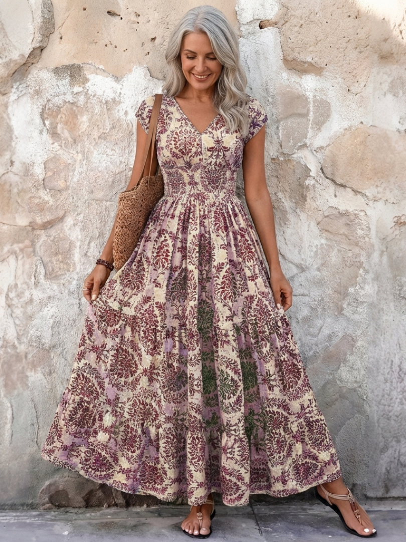 Vivienne | Cap Sleeve V Neck Bohemian Maxi Dress