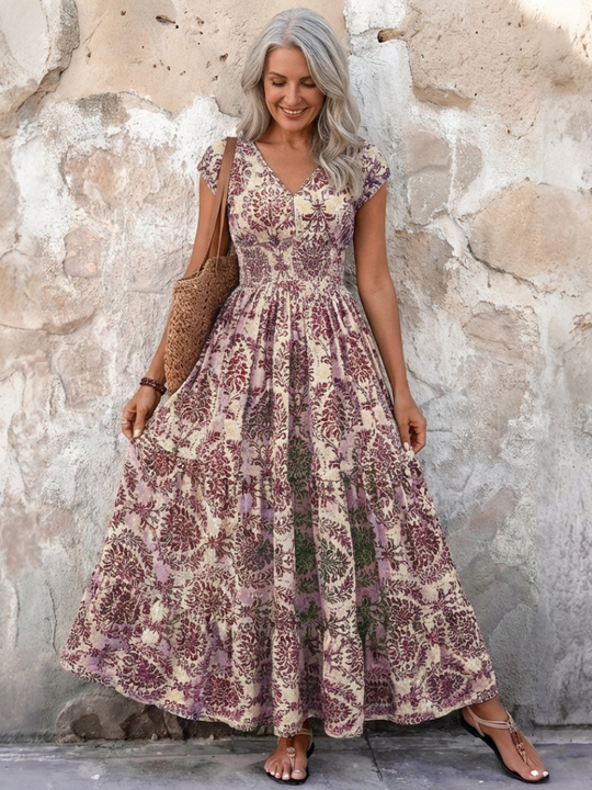 Vivienne | Cap Sleeve V Neck Bohemian Maxi Dress