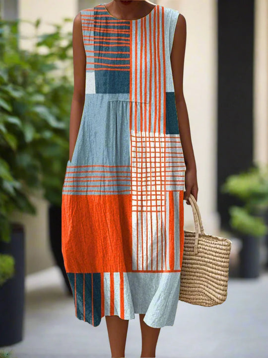 Women's Midi Dress with Geometric Design and Relaxed Fit