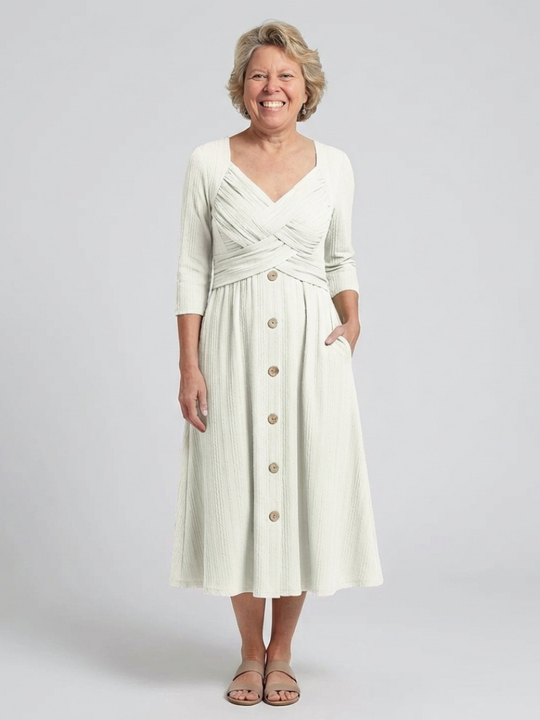 Isolde | Cross Pleated V Neck Button Front Midi Dress