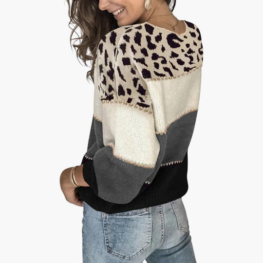 Women's Leopard-Print Jumper with Crew Neck and Long Sleeves