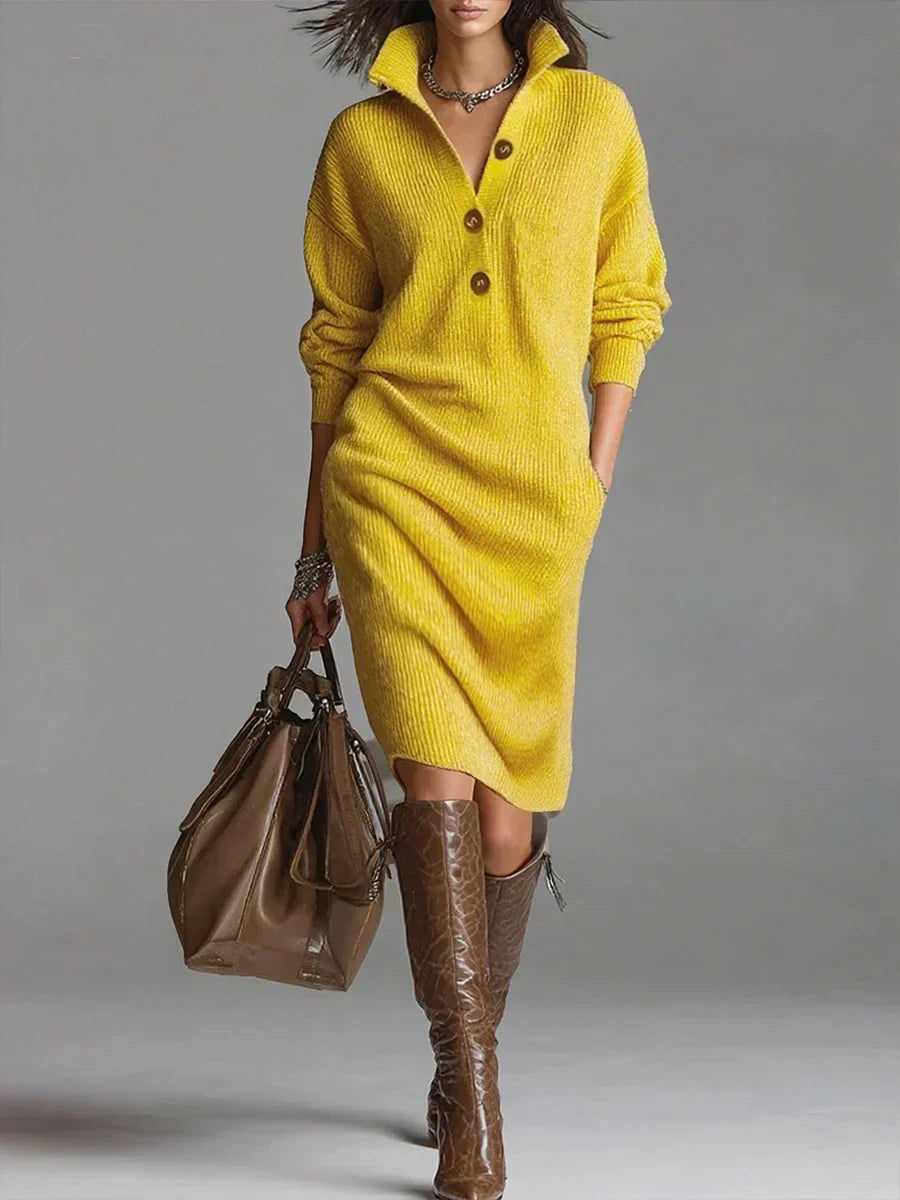 Women's Sweater Dress with Ribbed Knit and Button-Down Collar