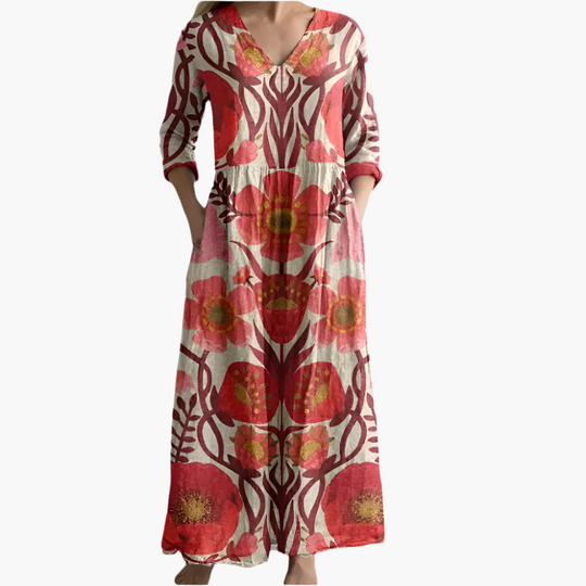 Women's Bohemian Dress with Flowy Design and V-Neckline