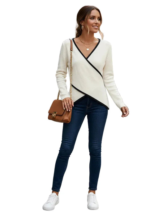 Women's Wrap Knit Top with V-Neck and Contrasting Trim