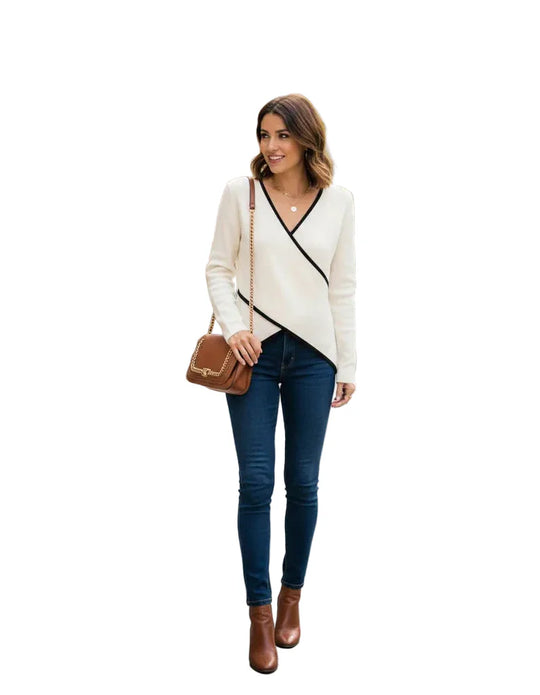 Women's Wrap Knit Top with V-Neck and Contrasting Trim