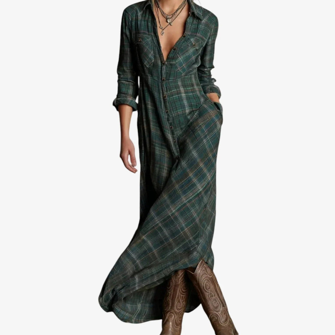 Women's Casual Checkered Dress with Button-Down Detail and Side Pockets