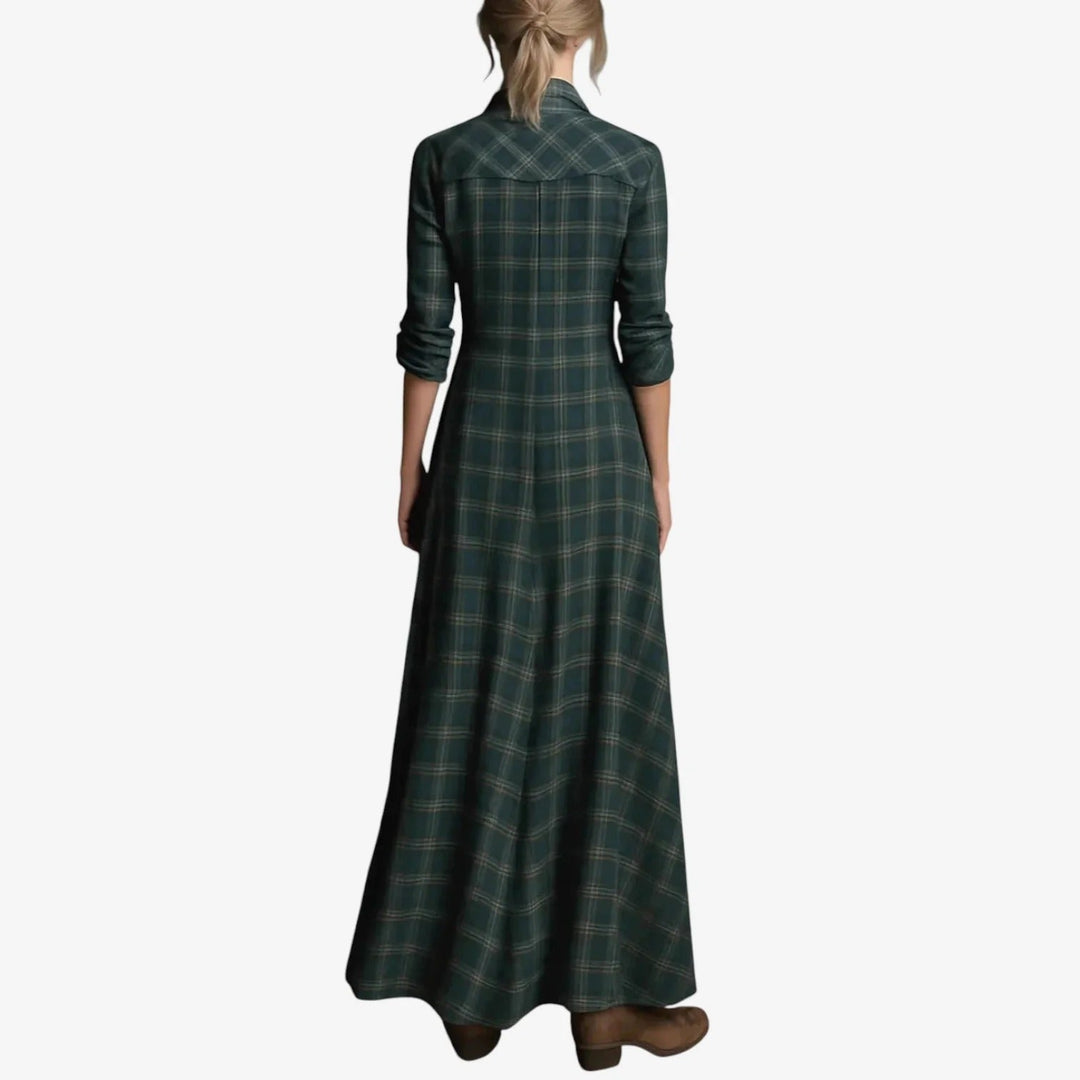 Women's Casual Checkered Dress with Button-Down Detail and Side Pockets