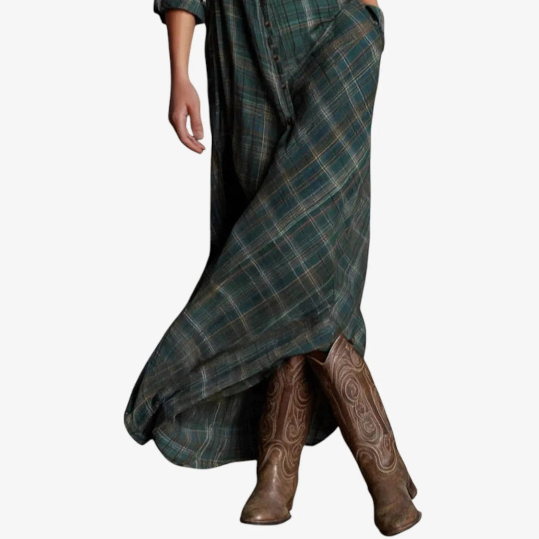 Women's Casual Checkered Dress with Button-Down Detail and Side Pockets