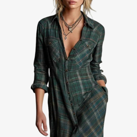 Women's Casual Checkered Dress with Button-Down Detail and Side Pockets