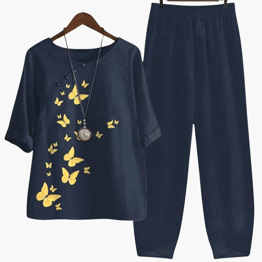 Women's Loose-Fit Two-Piece Set with Floral Print Top and Trousers