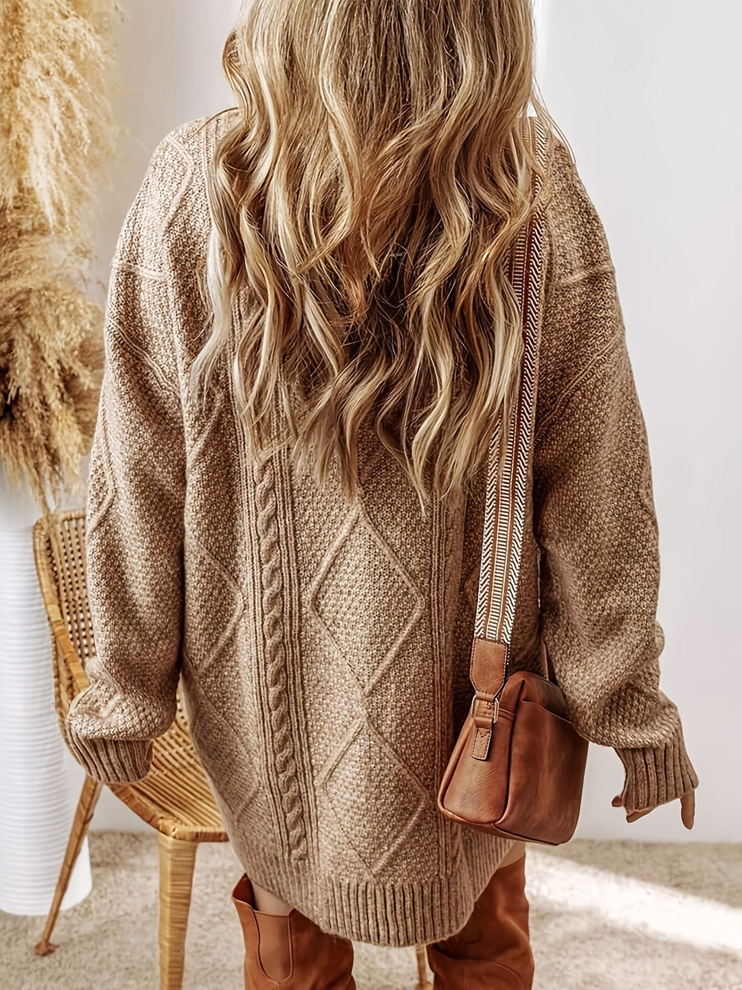 Women's Cable Knit Oversized Jumper Dress with Ribbed Cuffs