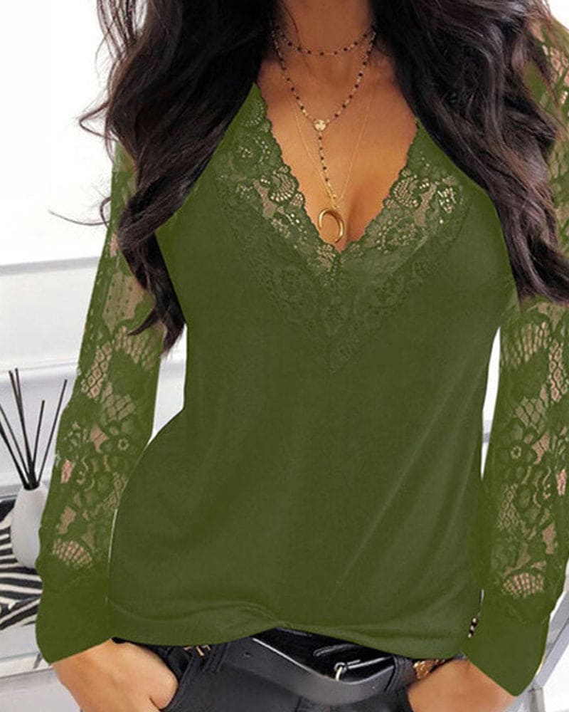 Women's Blouse with Lace Sleeves and V-Neck Design