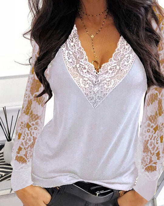 Women's Blouse with Lace Sleeves and V-Neck Design