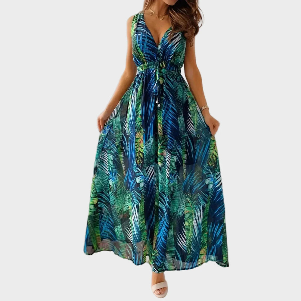 Women's Maxi Dress with Tropical Print and Flattering V-Neck