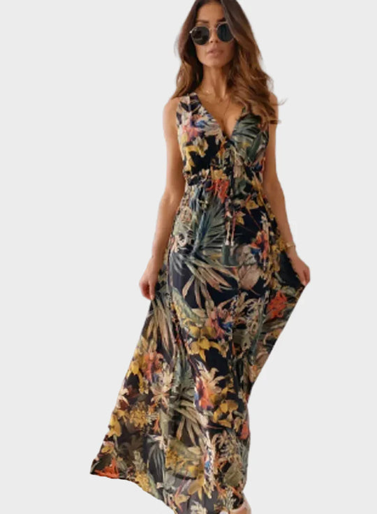 Women's Maxi Dress with Tropical Print and Flattering V-Neck