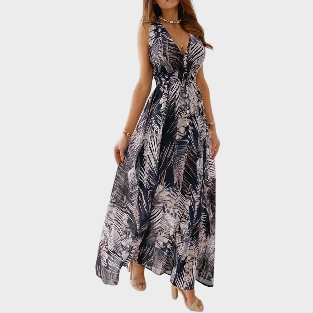 Women's Maxi Dress with Tropical Print and Flattering V-Neck