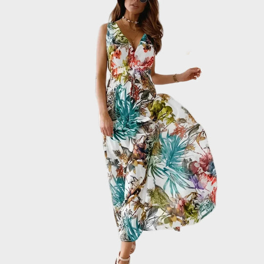Women's Maxi Dress with Tropical Print and Flattering V-Neck